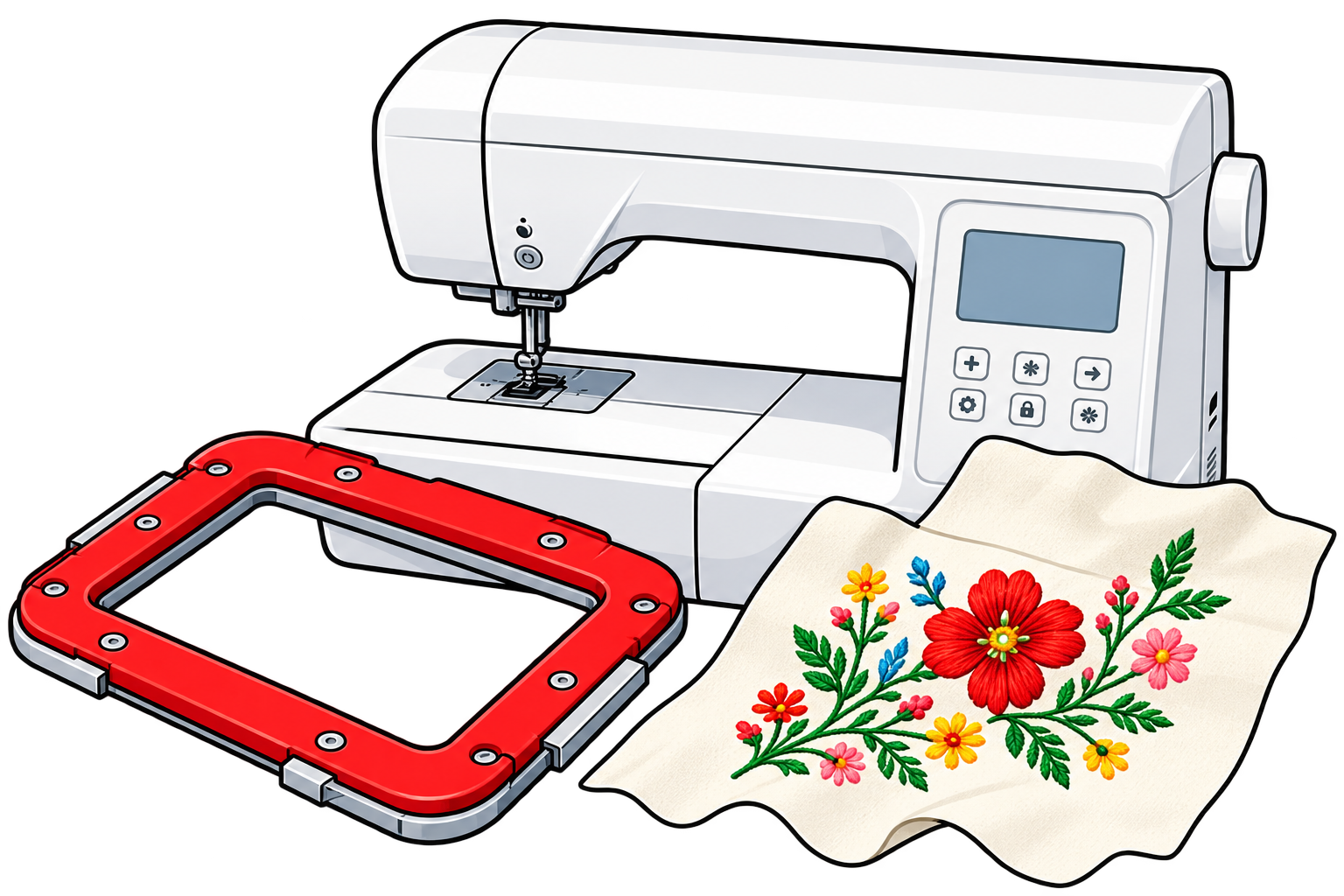 Concept illustration of an embroidery machine, a separate red magnetic hoop and fabric stitched with flowers.